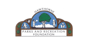 Hawthorne Historical Society logo featuring a tree, river, and historical figures, representing the community's heritage and commitment to preserving local history.