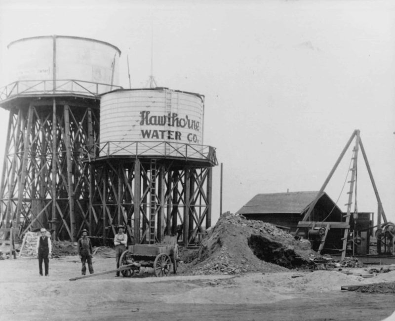 Historic Hawthorne Water Company water tower in early 20th-century photograph.