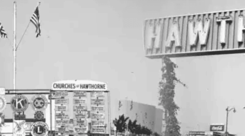 Historic Hawthorne sign and community board at the Hawthorne Historical Society, showcasing local history and upcoming events in Hawthorne, California.