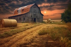 Barn and hay bales at sunset, showcasing rural heritage and agricultural history.