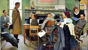 A group of people attending a community meeting at the Hawthorne Historical Society, engaging in discussion and sharing documents in a vintage setting.