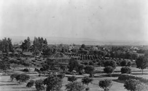 Historic Hawthorne Park and Gardens in Hawthorne, California, captured in a vintage black-and-white photograph.