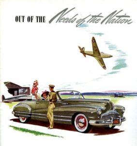 Vintage WWII aircraft flying overhead with a classic 1940s car and children at an airfield.