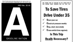 Vintage gasoline ration sign with bold "A" and "Gasoline Ration" text, reflecting historical fuel restrictions.