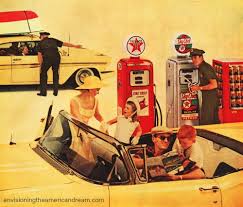 Vintage scene with people at gas station and classic cars, highlighting Hawthorne Historical Society's focus on local history and community events.