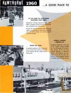 Hawthorne Historical Society, 1960 city report image showing downtown Hawthorne with parking lot and shoppers.