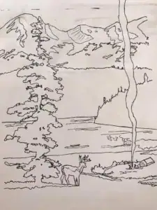 Hand-drawn landscape of Hawthorne Youth Camp featuring trees, mountains, and a deer, capturing the natural beauty and outdoor activities of the historic site.