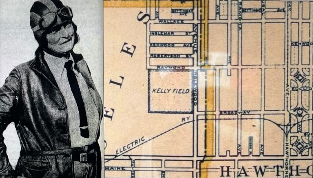 Historic map of Kelly Field, Hawthorne's first airport, showing early aviation infrastructure and layout.