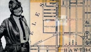 Historic map of Kelly Field, Hawthorne's first airport, showing early aviation infrastructure and layout.