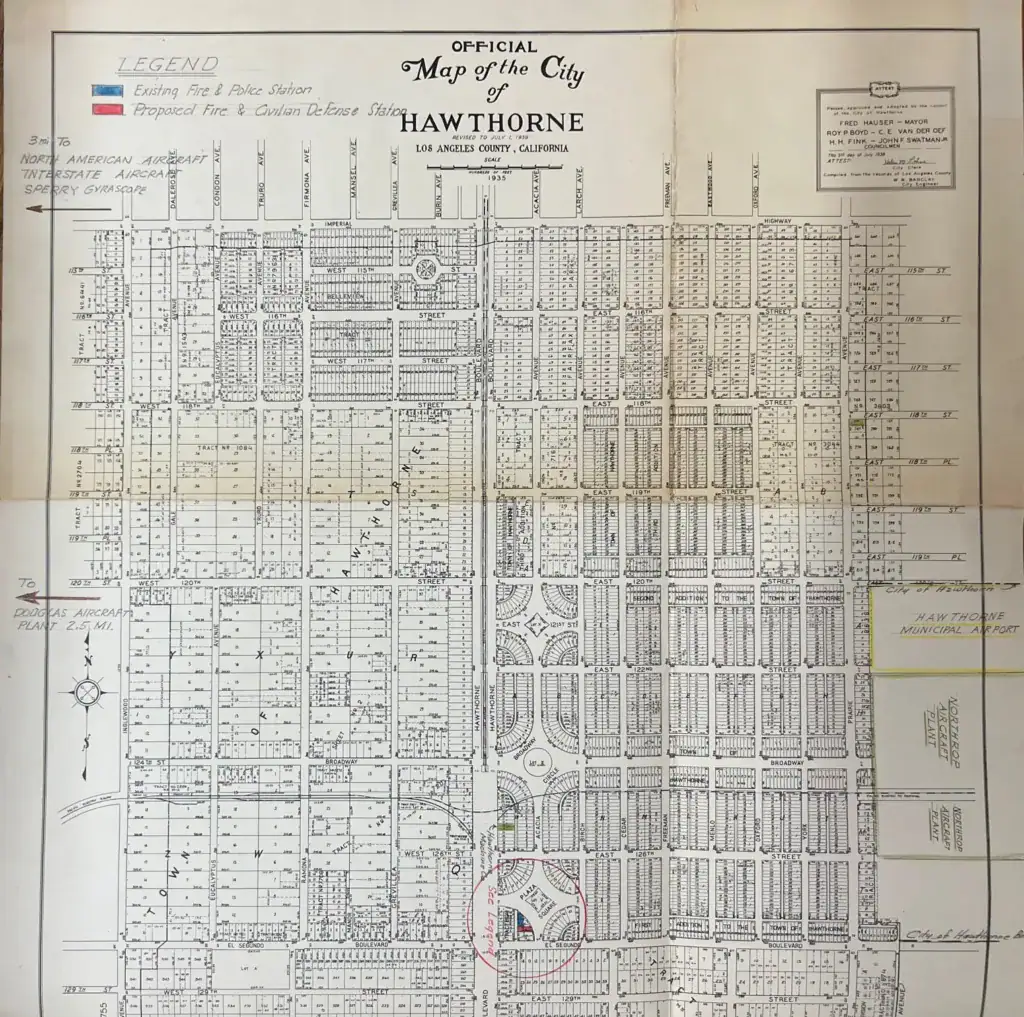 Detailed historic map of Hawthorne streets, numbers, and time in Los Angeles County, California.