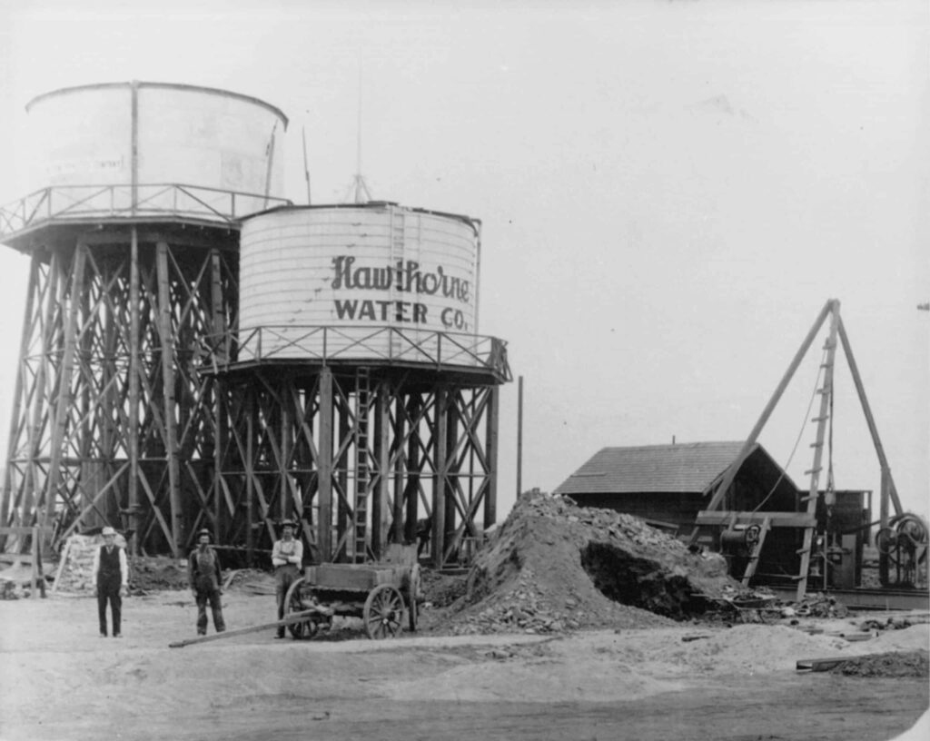 Historic Hawthorne Water Company water tower in early 20th-century photograph.