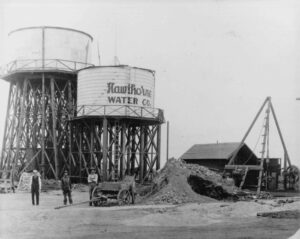 Historic Hawthorne Water Company water tower in early 20th-century photograph.