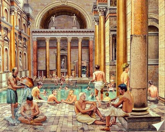 Reconstruction of an ancient Roman bathhouse with people relaxing in the hot pools surrounded by grand columns and classical architecture.