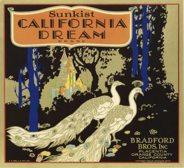 Beautiful vintage poster of two peacocks in a lush garden setting, with a historic building in the background, promoting California Dream.