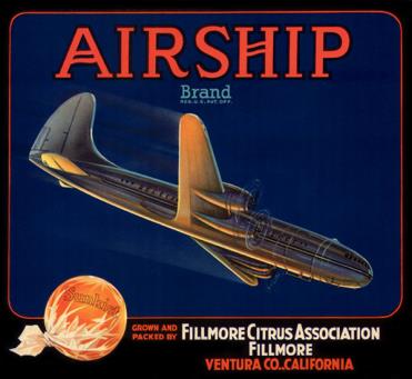 Vintage poster of an airship showcasing classic design, promoting Fillmore Citrus Association in Ventura, California. Perfect for historical and aviation enthusiasts.