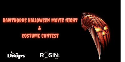 Hawthorne Halloween Movie Night and Costume Contest poster featuring a carved pumpkin with a spooky face and a knife.