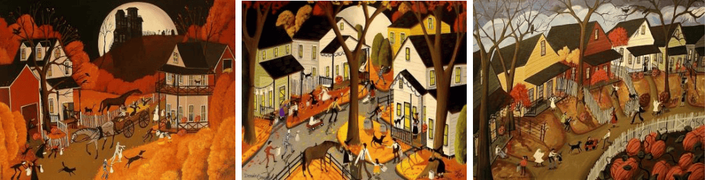 Historic Hawthorne village scene with autumn foliage and community activities.