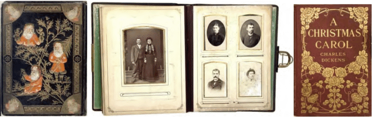 An old family photo album with vintage photographs displayed on a page, showcasing historical images from Hawthorne's past.