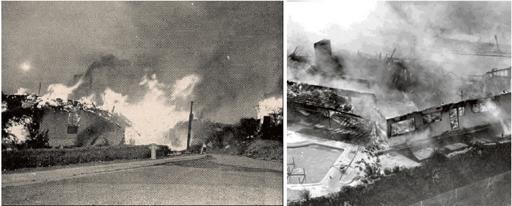 Historic fire damage in Hawthorne captured in black and white, showing buildings engulfed in flames and smoke.