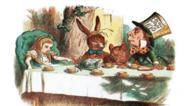 Illustration of a whimsical tea party with a girl, a rabbit, and a hat-wearing man, representing Hawthorne Historical Society's themed event.