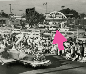 Vintage Hawthorne parade float with children and spectators, showcasing mid-20th-century community celebrations in Hawthorne, California.