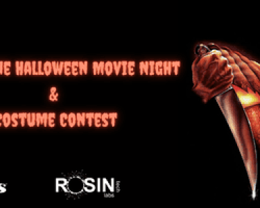 Hawthorne Halloween Movie Night and Costume Contest poster featuring a carved pumpkin with a spooky face and a knife.