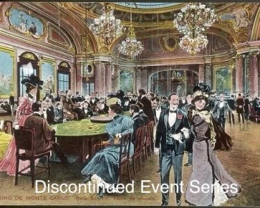 An elegant 19th-century ballroom scene with people socializing at a historic casino event.