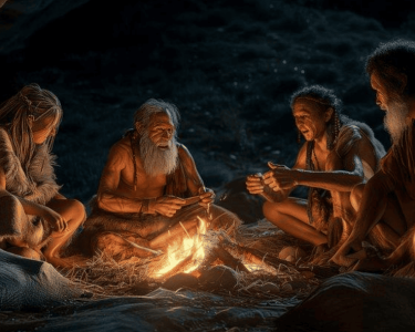 A group of people sitting around a campfire at night, sharing stories and enjoying each other's company, highlighting community and historical traditions.