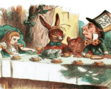 Illustration of a whimsical tea party with a girl, a rabbit, and a hat-wearing man, representing Hawthorne Historical Society's themed event.